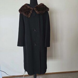 MEYER JONASSON VINTAGE BLACK COAT 1960'S FAUX FUR COLLAR SIZE XL